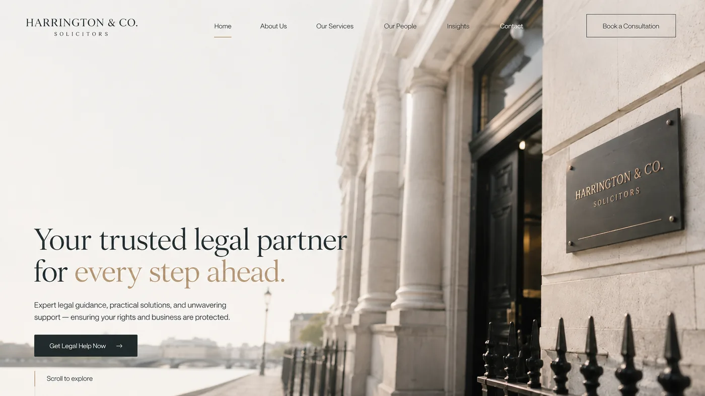 Solicitor website mockup 1 — Hero landing page — trust-led opening & clear CTA
