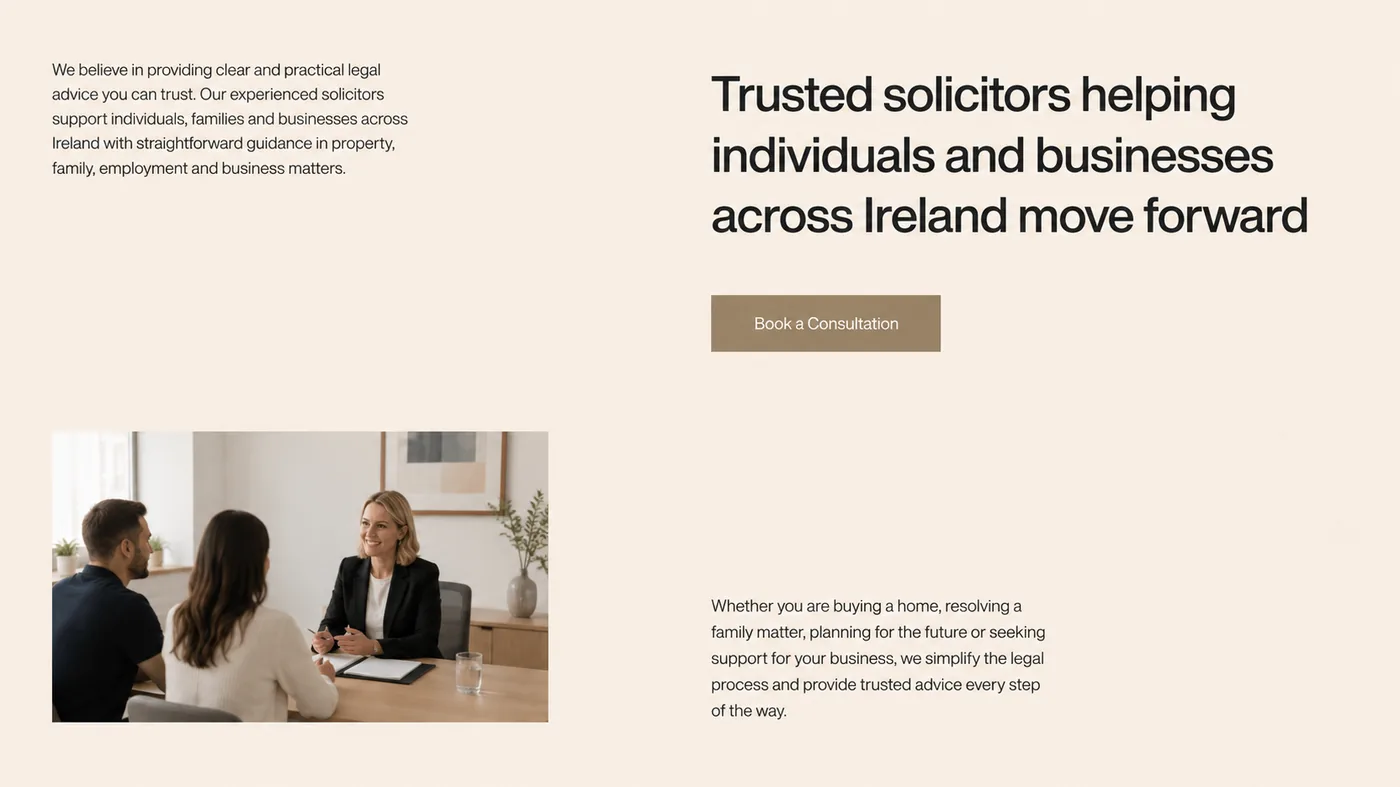 Solicitor website mockup 2 — About section — plain-English positioning