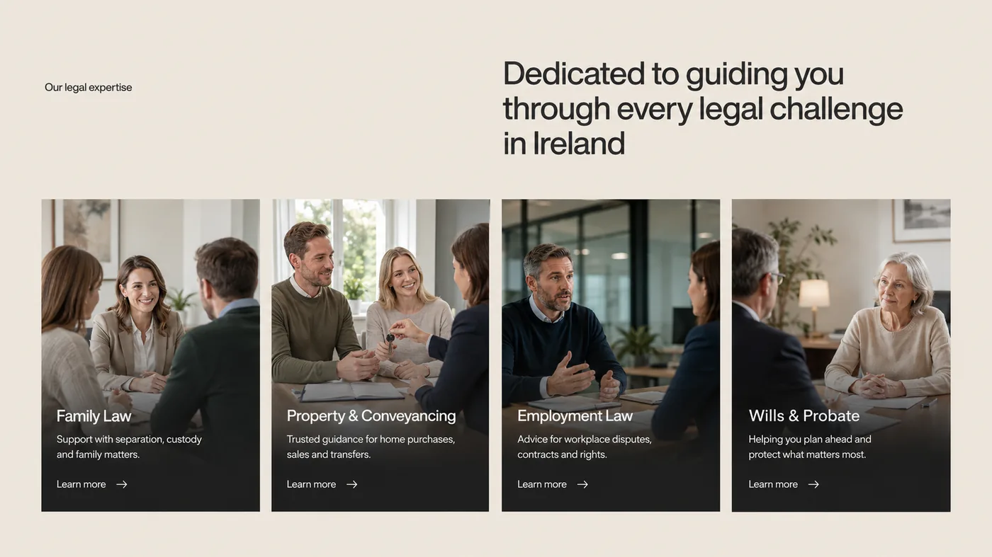 Solicitor website mockup 3 — Legal expertise grid — Family, Property, Employment, Wills