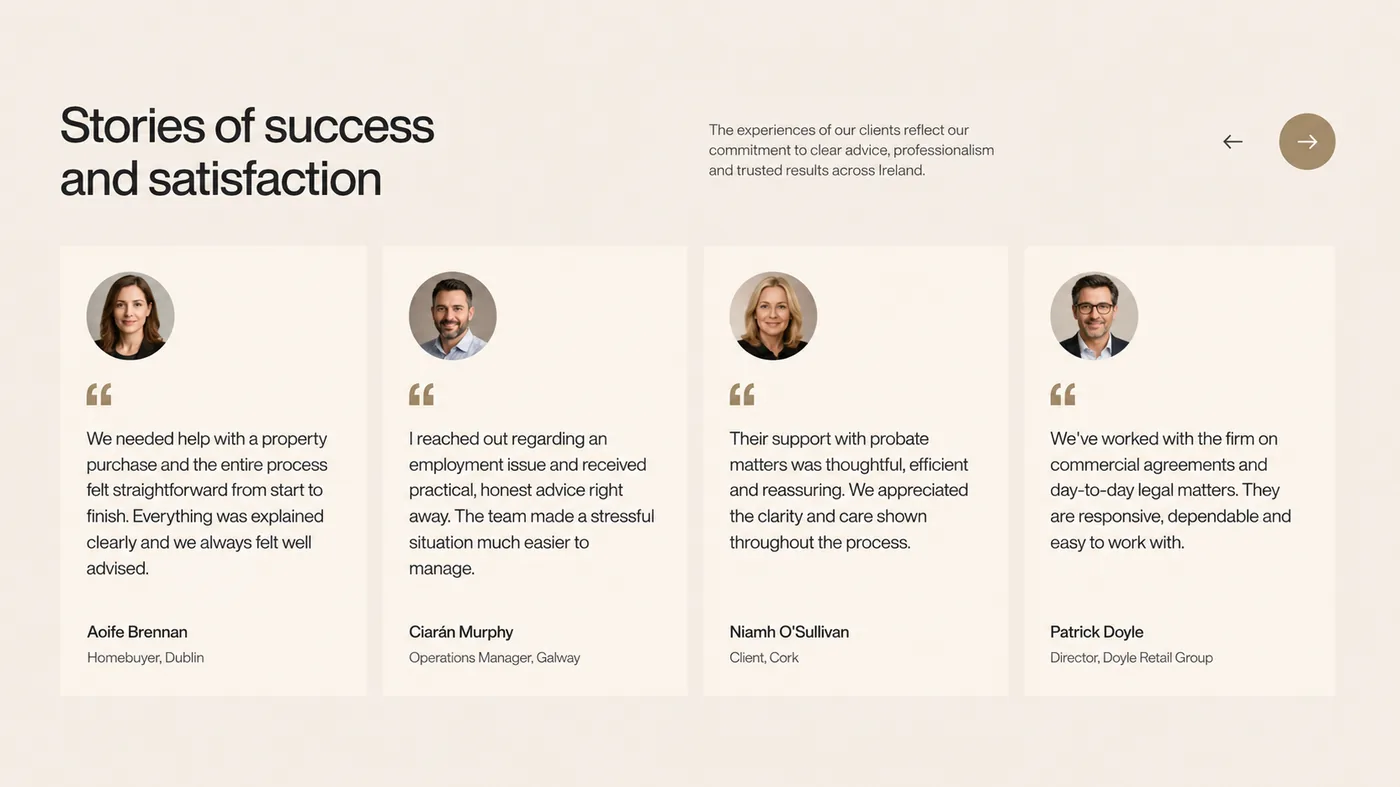 Solicitor website mockup 5 — Client testimonials — social proof block